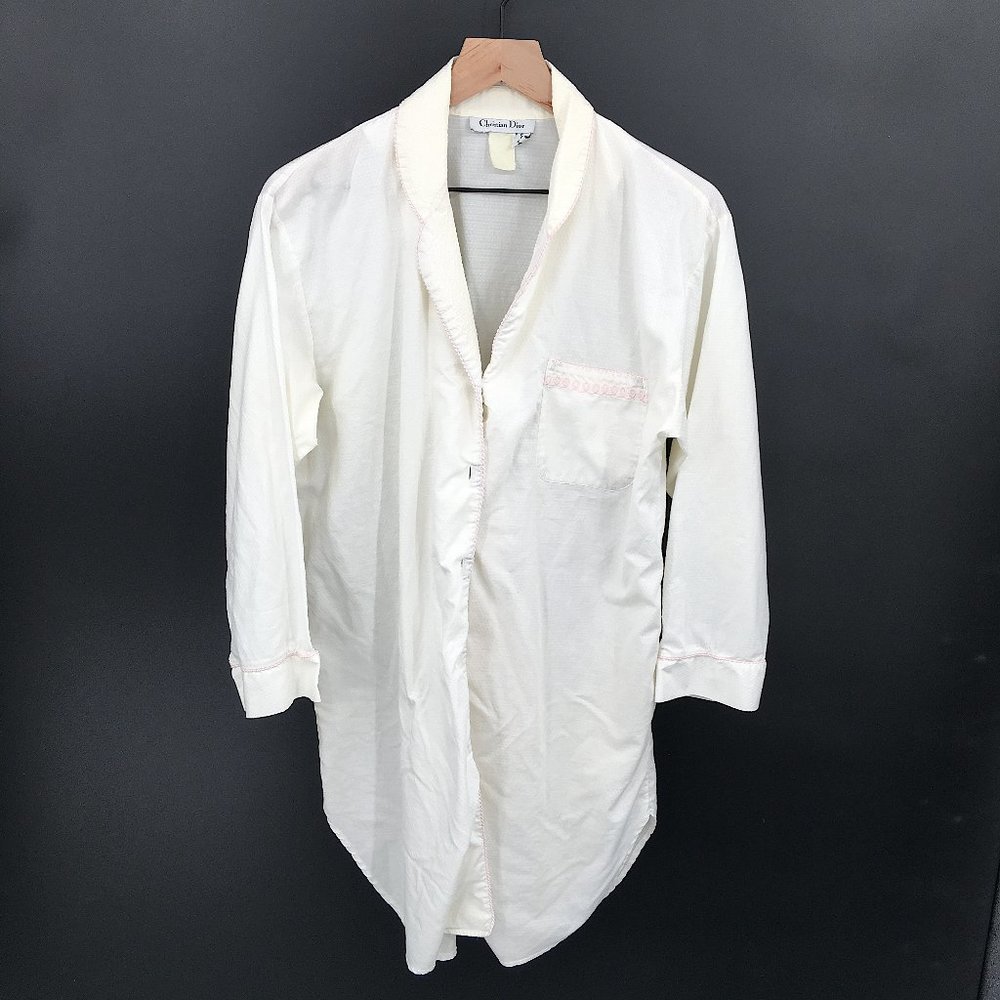 Dior Cream Cotton Long-Sleeve Nightshirt with Pale Pink Trim